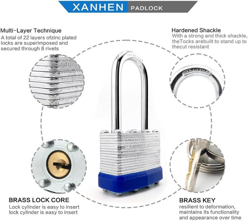 XanHen Lock Outdoor Padlocks, Key Lock, Padlocks with Same Key - Laminated Steel Keyed Padlocks with Long Shackle, 6 Pack, for Hasp Latch, Sheds, Fences, Storage Locker, School, Gym - Image 3